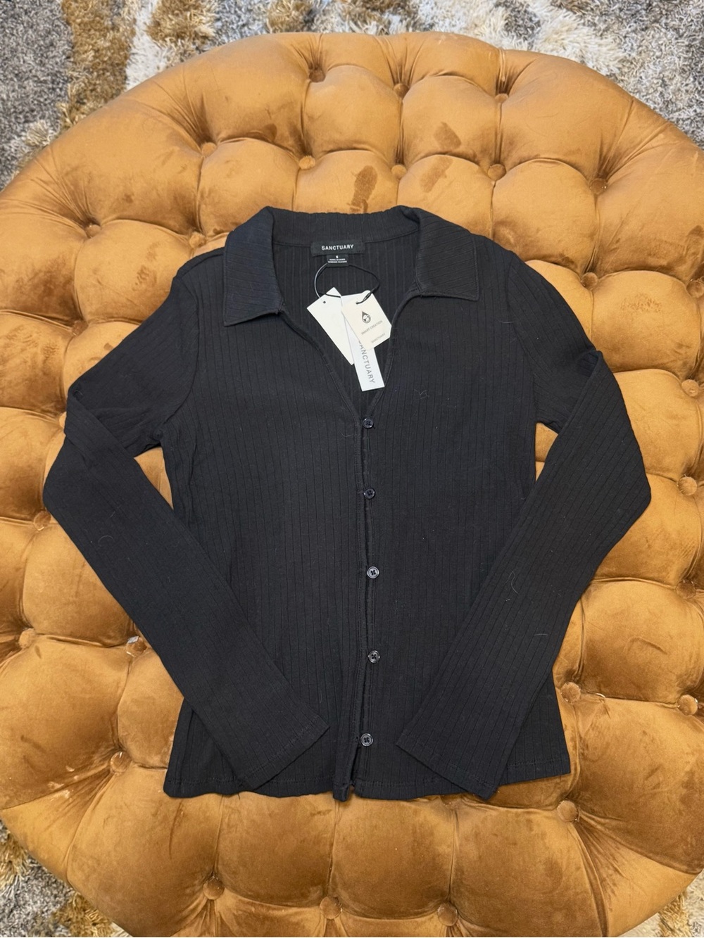 ♟️▪️Sanctuary Black Ribbed Button-Front Collared Top ▪️♟️ - Picture 2 of 6